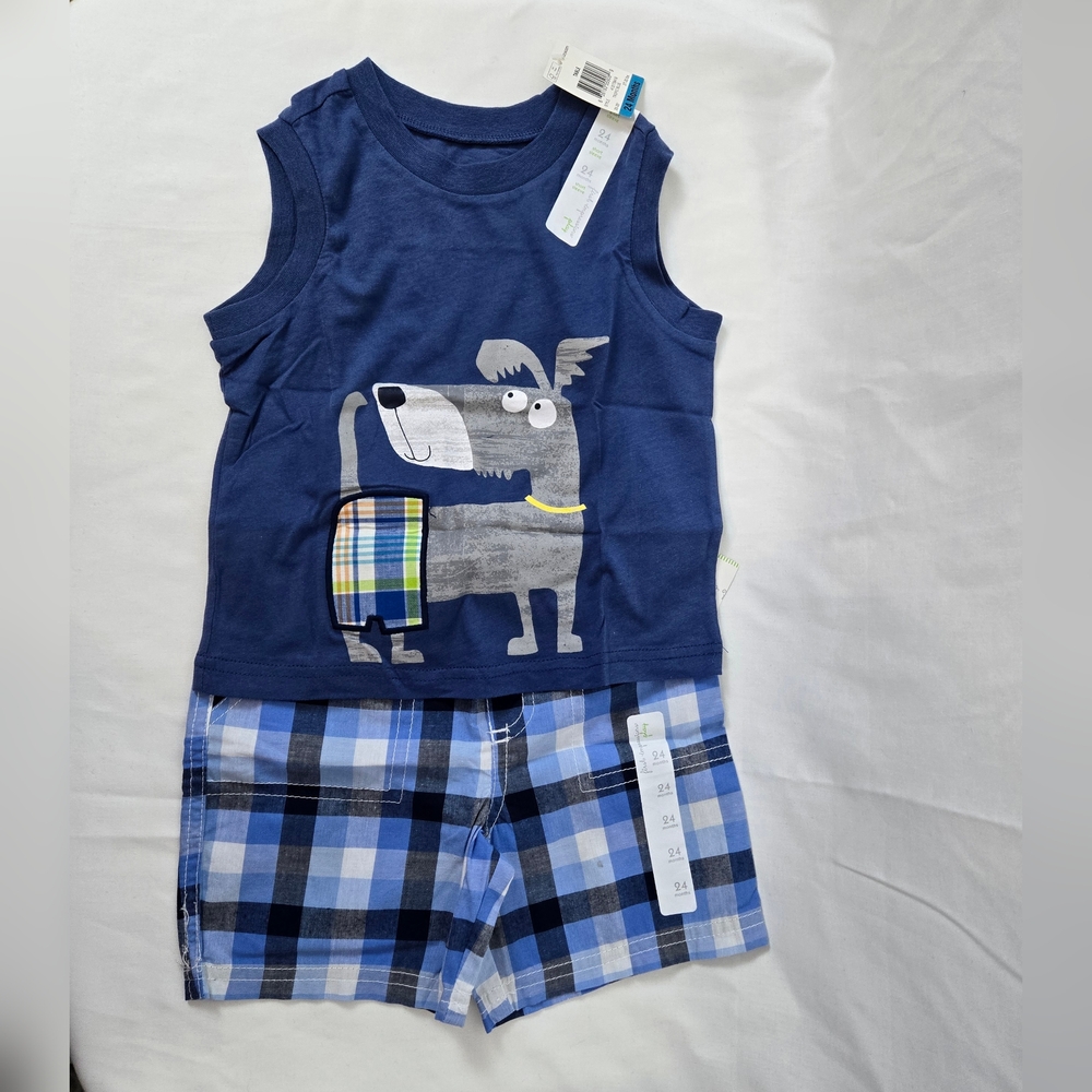 First Impressions Baby Boy Navy Blue Dog Graphic Tank Plaid Shorts Set 24Mo NEW